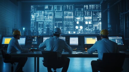 Poster - Three engineers monitor advanced technology in a control room during a late evening analysis session