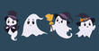 © miss LEMON - Collection of cute ghosts isolated on coloured background. Ghosts in different Halloween costumes. Vector flat illustration in hand drawn style.