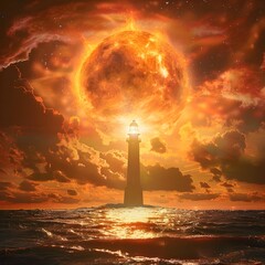 Wall Mural - cosmic lighthouse guiding planets through the celestial ocean