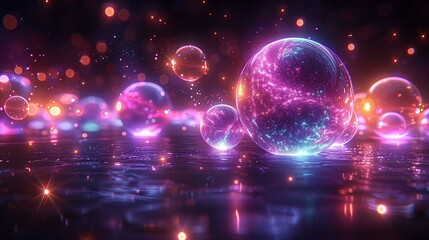Poster - Glowing clear bubbles in dark space 3d rendering image. Glass spheres reflecting vibrant light background wallpaper colorful realistic. Abstract cosmos landscape concept idea