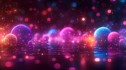 Poster - Vibrant spheres with sparks in dark space 3d rendering image. Surreal cosmic scene with celestial bodies background wallpaper colorful realistic. Abstract planets concept idea