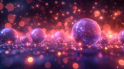 Poster - Shimmering balls with bright sparks in darkness 3d rendering image. Surreal scene with vibrant spheres background wallpaper colorful realistic. Fantastic dream concept idea