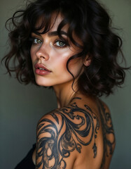 Portrait of a brunette with a tattoo on her neck. Beauty and creativity concept