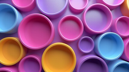 Poster - Various rings and cups arranged in pattern top view 3d rendering image. Vibrant ornament of round details background wallpaper colorful realistic. Geometric style concept idea