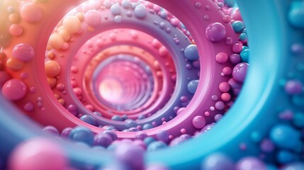 Poster - Vibrant tunnel with plastic rings and balls 3d rendering image. Abstract pass to imaginary land lit by sunlight background wallpaper colorful realistic. Playground concept idea