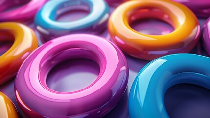 Poster - Glossy bagels creating pattern closeup 3d rendering image. Abstract geometrical ornament of plastic donuts background wallpaper colorful realistic. Vibrant scene concept idea