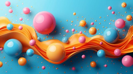 Poster - Glossy drops and fluid of liquid 3d rendering image. Vibrant bubbles with wavy flow on blue background wallpaper colorful realistic. Abstract decorative scene concept idea