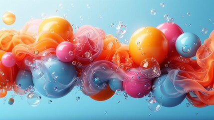 Poster - Vivid dynamic fluid with balls and air bubbles scene 3d rendering image. Swirling paint flow with round details background wallpaper colorful realistic. Surrealism concept idea
