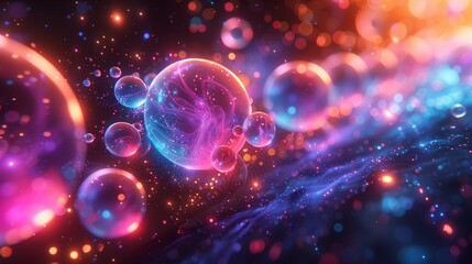 Poster - Glowing spheres and vibrant light in dark space 3d rendering image. Mesmerizing futuristic scene background wallpaper colorful realistic. Abstract cosmic design concept idea