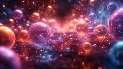 Poster - Glowing spheres symbolizing planets in cosmos 3d rendering image. Fantastic galaxy full of shimmer background wallpaper colorful realistic. Dreamlike fantasy scene concept idea