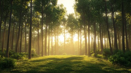 Canvas Print - A peaceful forest clearing at dawn, with soft light gently breaking through the mist