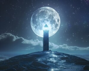 Wall Mural - celestial lighthouse moon guiding space travelers with its gentle glow