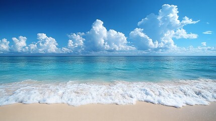 a beautiful beach with blue water and white clouds on a sunny day, a tranquil and peaceful scene, ideal for a tropical vacation and summer relaxation, surrounded by nature and clear skies