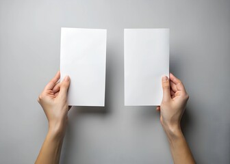 Hand holding two blank sheets of paper (tickets, flyers, invitations, coupons, banknotes, etc.), isolated on grey background