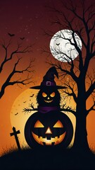 Wall Mural - halloween background with pumpkin and bats