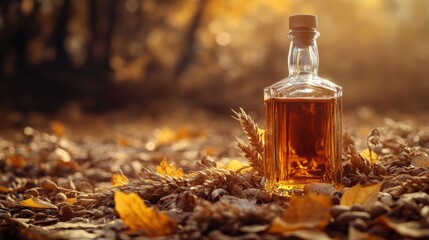 Poster - Close-up of a whiskey bottle surrounded by autumn leaves and wheat in a serene forest setting during golden hour. Generative AI