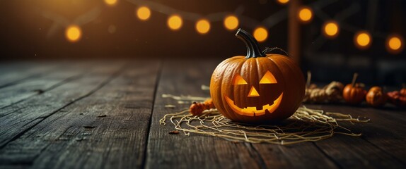 Wall Mural - halloween pumpkin on a wooden table