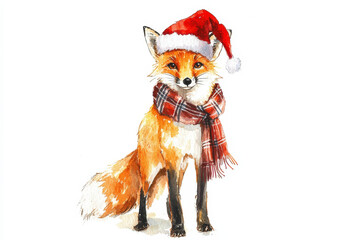 Charming watercolor illustration of a red fox wearing a santa hat and scarf, evoking warmth and holiday cheer