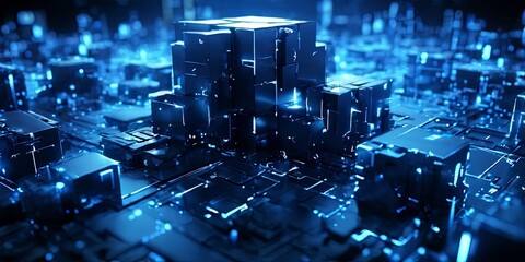 Poster - A blue cityscape with a large cube in the middle