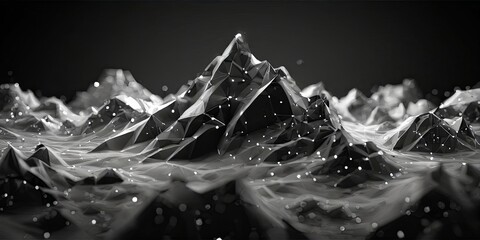 Poster - A mountain range is shown in black and white with a dark background