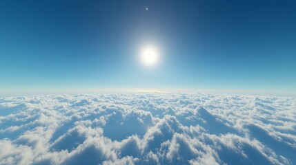 a tranquil skyscape above thin clouds, deep blue sky with a tiny bright sun just above the horizon