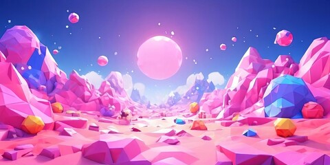 a pink and blue space with a large pink ball in the middle