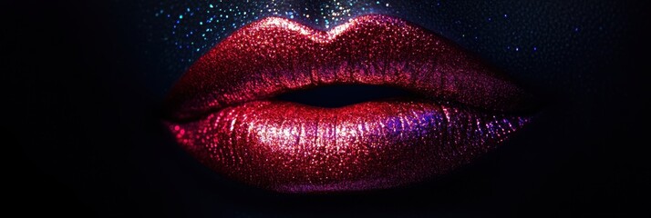Poster - Glossy lips with a vibrant, shiny finish captured in close-up under dramatic lighting to highlight beauty and allure. Generative AI