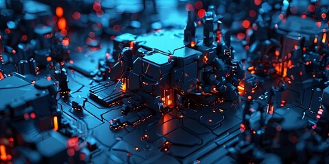 Poster - A computer chip with a blue background and orange lights