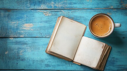 peaceful flat lay of an open notebook and coffee on a blue wooden desk, minimalist design for a relaxing morning workspace, perfect for writing, journaling, and enjoying a calm, reflective moment