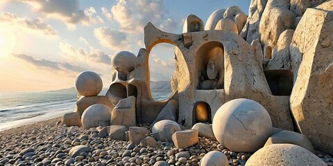 Aufkleber - A beach with a large rock formation that has a hole in the middle