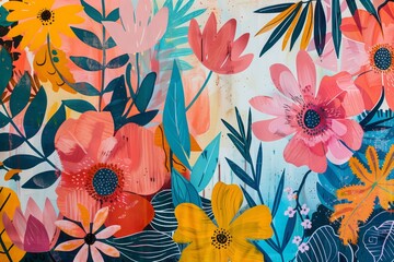 A colorful painting of a flower garden with many different types of flowers