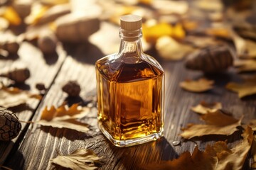 Aufkleber - A close-up of a whiskey bottle resting on rustic wooden surface surrounded by autumn leaves in soft, warm sunlight. Generative AI