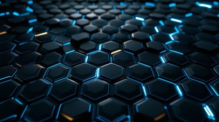 Poster - High-tech hexagonal pattern illuminated by blue luminescent lines creates a futuristic surface design