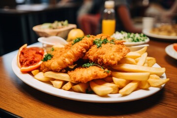 Wall Mural - Close up of fish and chips served on a plate