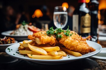 Wall Mural - Close up of fish and chips served on a plate