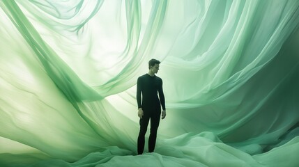 Poster - a figure stands amidst flowing green fabric, creating a surreal atmosphere in an artistic expression