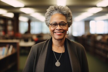 Smiling portrait of a African American female senior professor in library