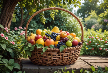 Wall Mural - A large basket filled with various colorful fruits, placed in a lush, green orchard with trees around	