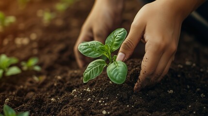 Canvas Print - A gardener planting a young green seedling into rich soil during daylight in a backyard garden