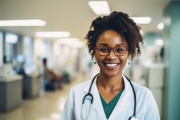 Wall Mural - Smiling portrait of a middle aged African American female doctor in hospital