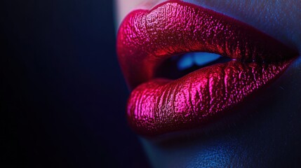 Aufkleber - A close-up view of vibrant, glossy lips with a shiny finish against a dark background in an artistic display of beauty. Generative AI