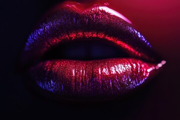 Poster - Close-up of glossy lips showcasing a vibrant, shiny finish against a dark background in a visually striking composition. Generative AI