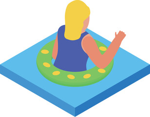 Wall Mural - Woman is enjoying a relaxing day at the pool, floating on a green inflatable ring