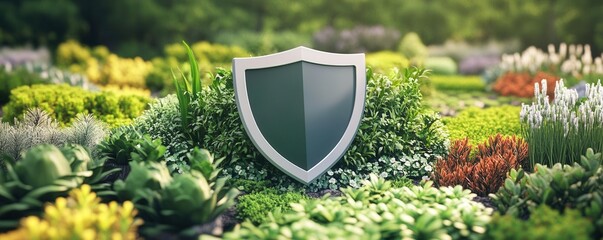 Shield symbol amidst a vibrant green garden landscape.