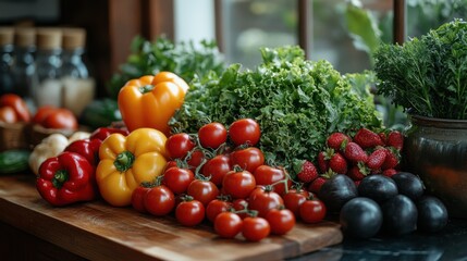 Vibrant Fresh Vegetables and Fruits on Rustic Kitchen Countertop