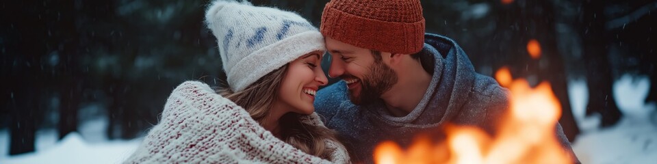 Sticker - A couple is sitting next to a fire, with the man wearing a red hat. They are both smiling and seem to be enjoying each other's company