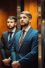 Sticker - Two men in suits and ties standing in an elevator. One of them is wearing a striped tie