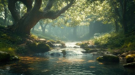 Poster - Tranquil Forest Stream with Sunlight and Mist