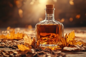 Poster - A beautifully lit whiskey bottle resting amidst autumn leaves in a warm, golden evening glow. Generative AI
