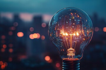 A lightbulb filled with a city at night, with lights turning on and off, representing the constant flow of thoughts and ideas in an urban environment.